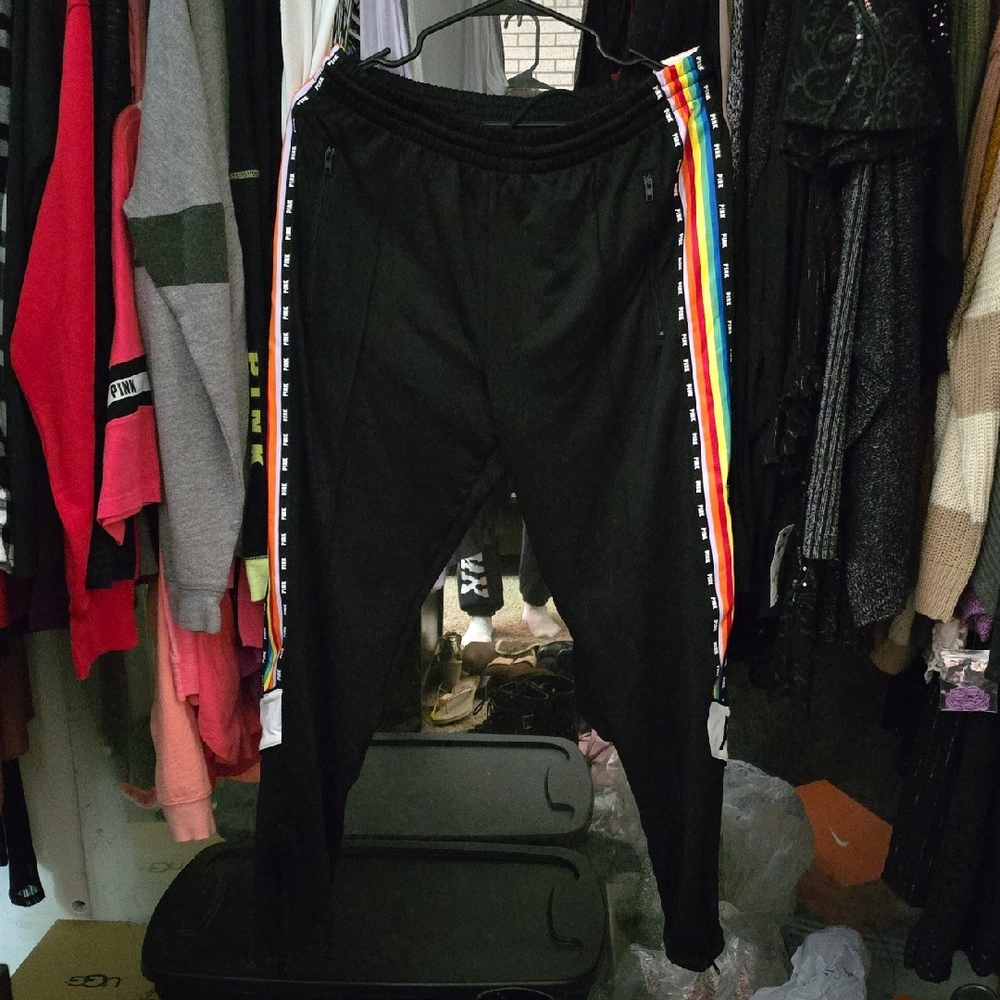 NWT VSP LG Black Track Pants with Rainbow Stripes